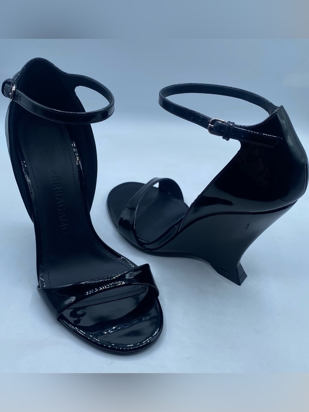 FERRAGAMO Vidette  Patent Wedge Ankle-Strap Sandals in Black, US 6.5